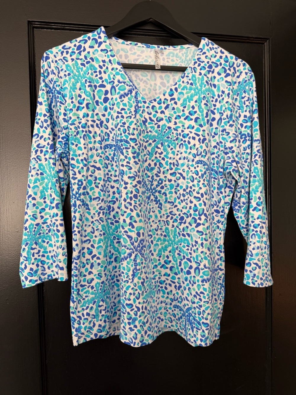 Lulu-B Blue & Aqua Leopard Palm Print V-Neck Top
